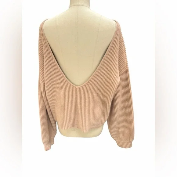 LUNYA Ribbed V Neck Balloon Sleeve Cropped Sweater Tan Size S - Picture 4 of 7
